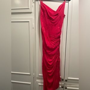 Lovers + Friends hot pink satin midi dress with ruching.